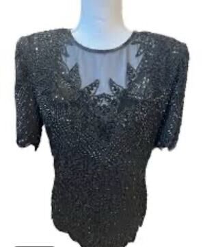 Vintage Women's Laurence Kazar Black 100% Silk Beaded Shirt Size M